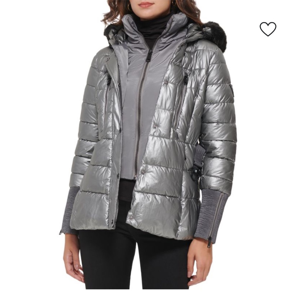 Metallic faux fur trim Puffer jacket